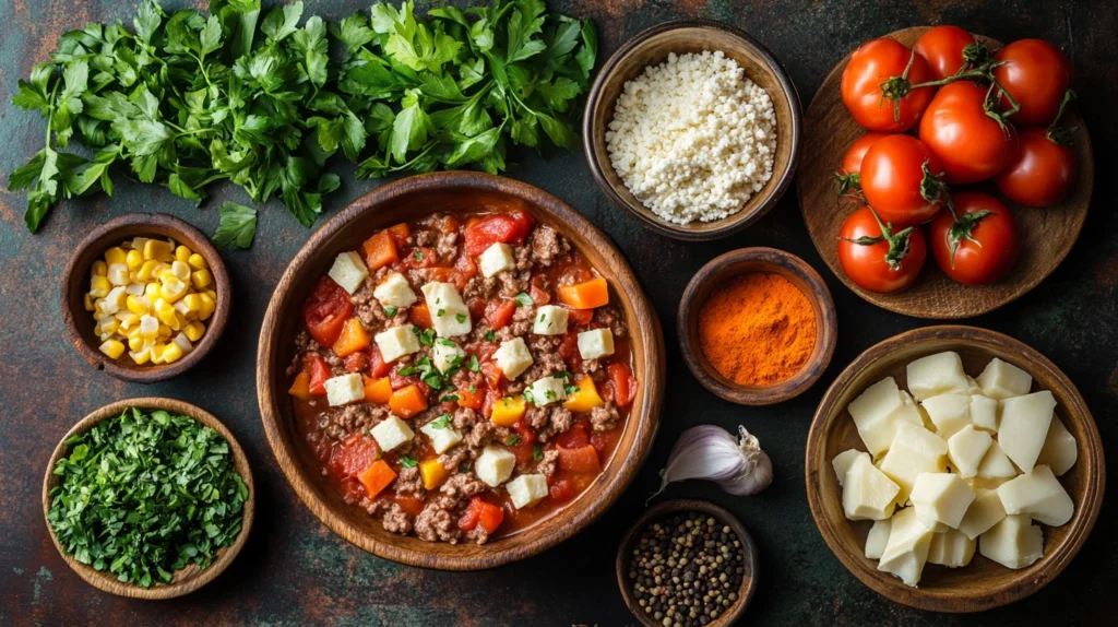 Ingredients for cowboy casserole, including ground beef, tomatoes, cheese cubes, corn, parsley, and seasonings arranged on a table.