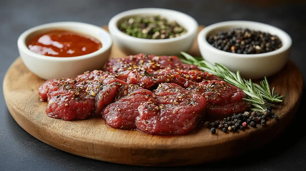 Raw steak medallions seasoned with spices on a wooden board, accompanied by small bowls of marinade, herbs, and black pepper.