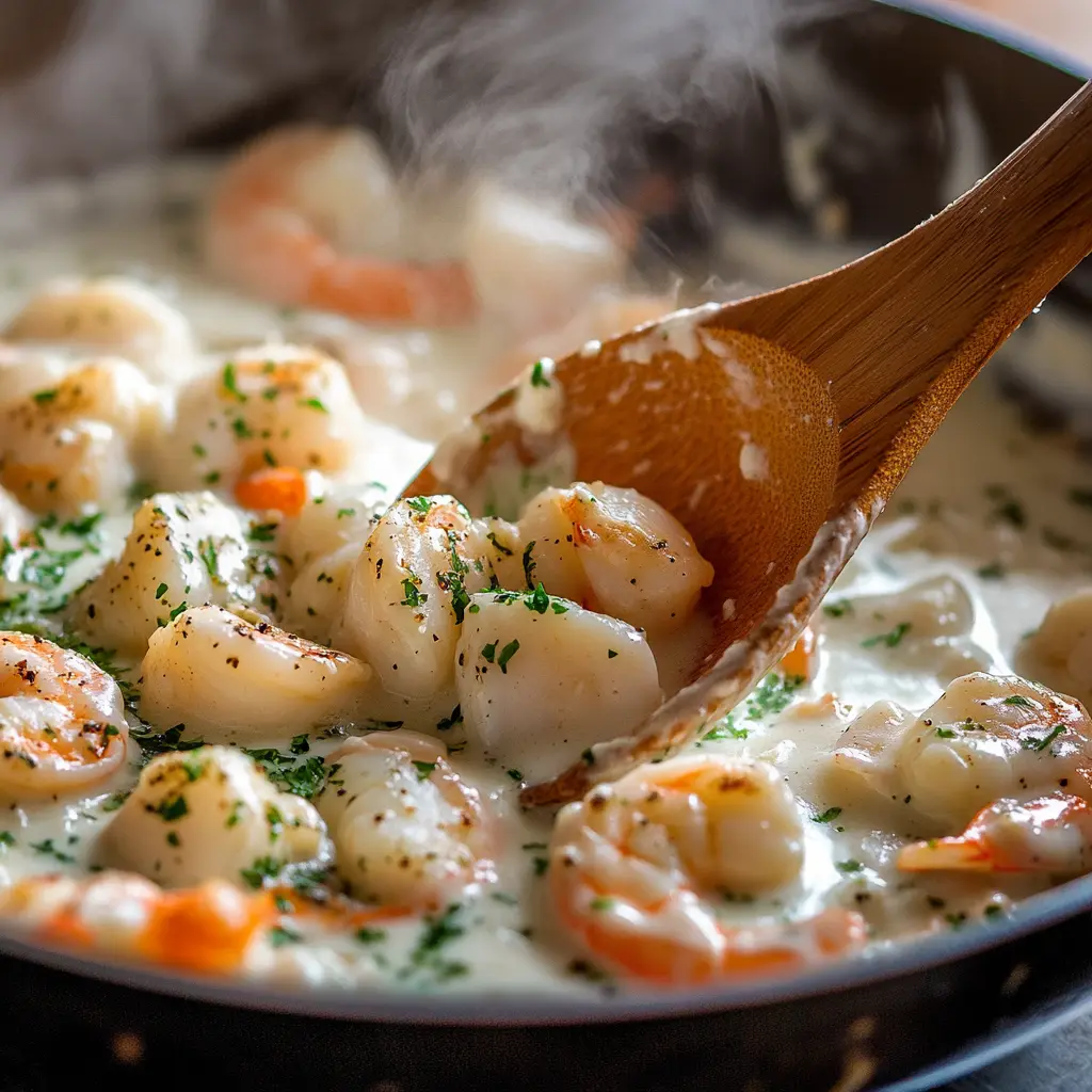 Preparing creamy seafood filling for Stuffed Seafood Bread Bowl Recipe