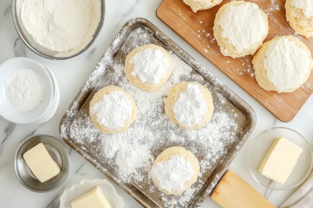 : Step-by-step process photo showing the proper technique for incorporating butter into flour when making shortcake biscuits, demonstrating the correct texture before adding wet ingredients.