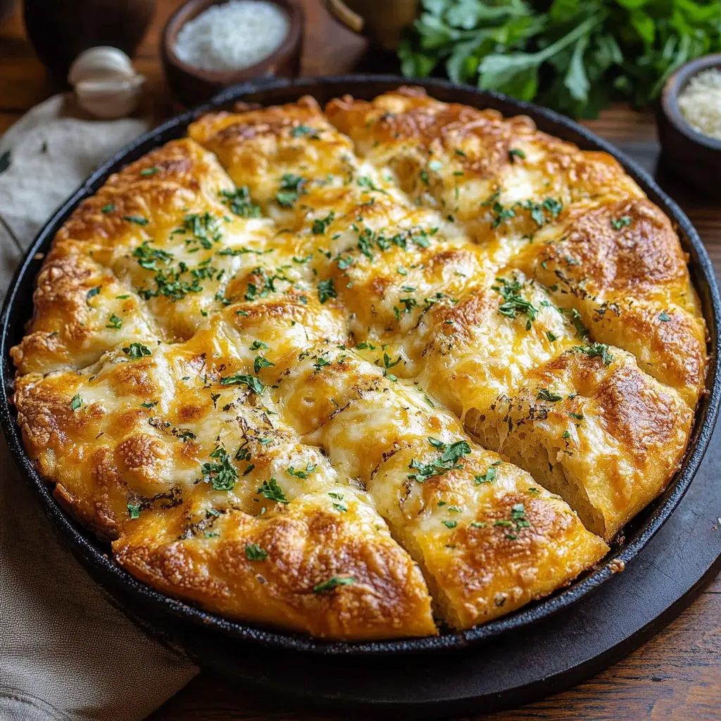 Golden brown Cheese Stuffed Focaccia GarlicFocaccia Cheesy Garlic Bread, sliced into pull apart sections and garnished with fresh herbs