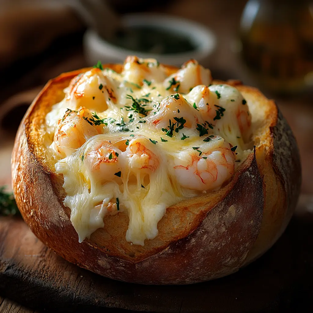 Stuffed Seafood Bread Bowl Recipe with shrimp, scallops and crab in creamy sauce