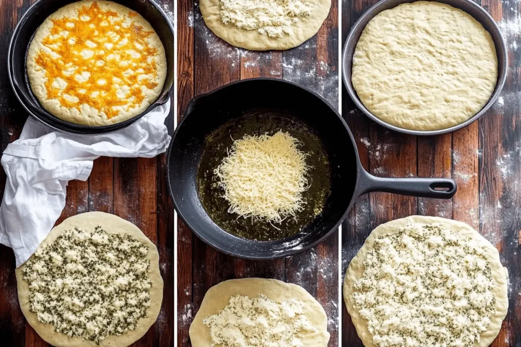 Preparation stages of cheese bread showing dough topped with grated cheese and herbs in multiple pans on a wooden surface. Includes a pan with melted cheese in the center and various stages of dough preparation around it