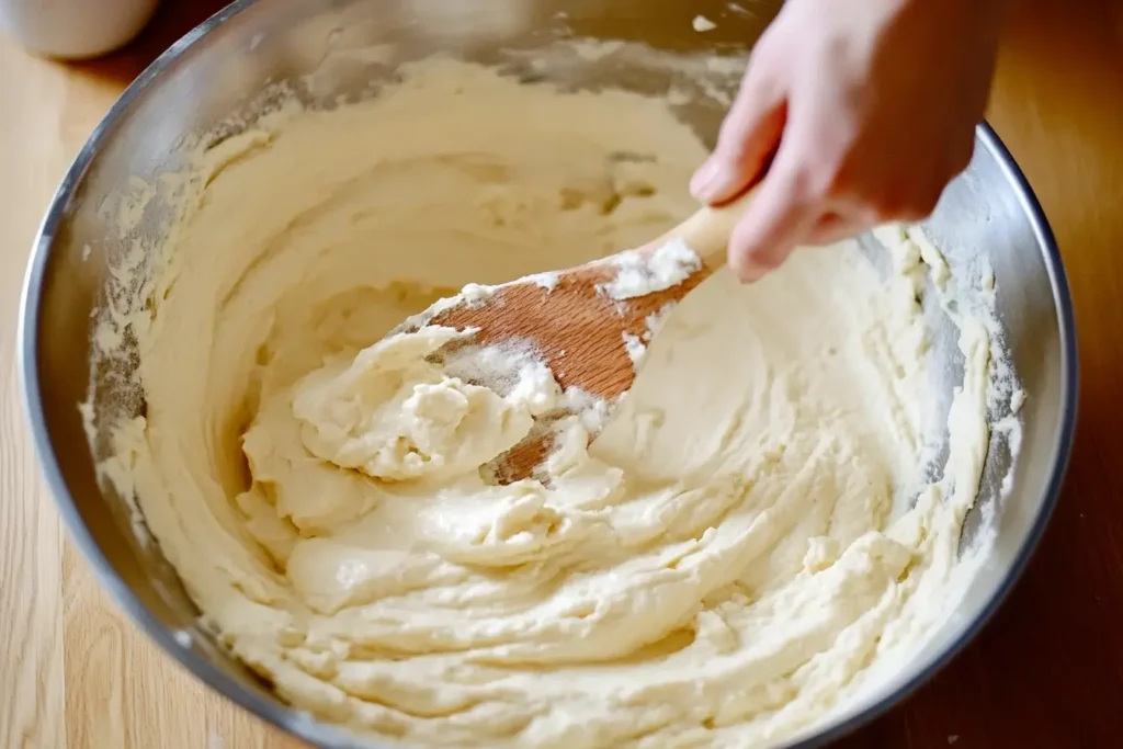 Add 1 3/4 cups all-purpose flour, 2 teaspoons baking powder, and a pinch of salt directly to your bowl. Using a spatula, fold with gentle strokes just until no dry streaks remain.