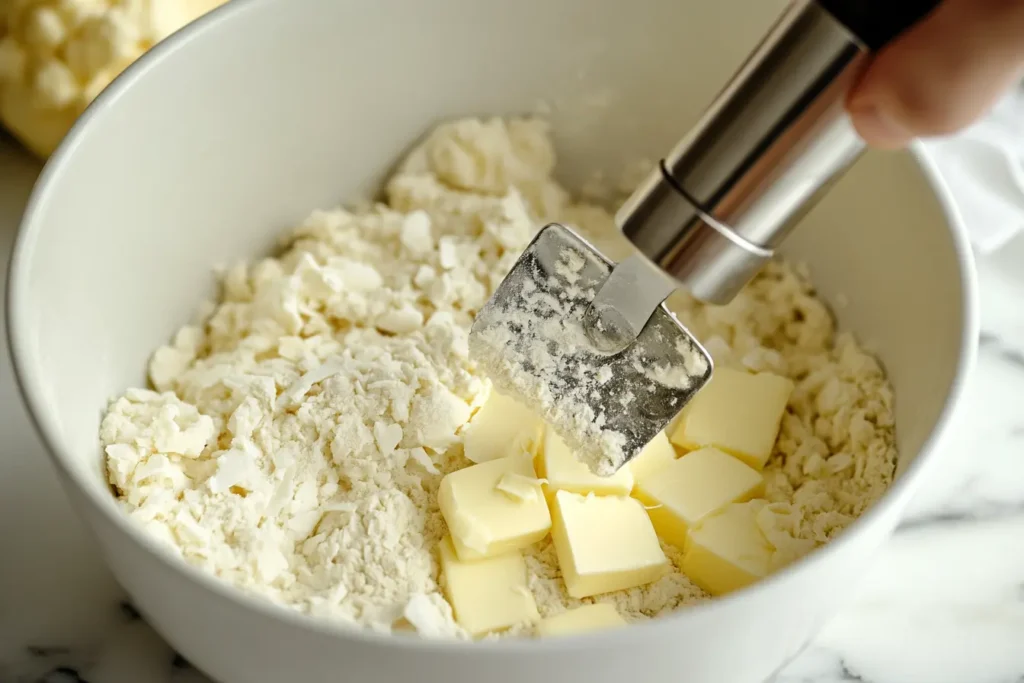 Step-by-step process photo demonstrating the technique of cutting butter into flour using a pastry cutter, showing the proper texture needed for flaky, tender coconut biscuits.
