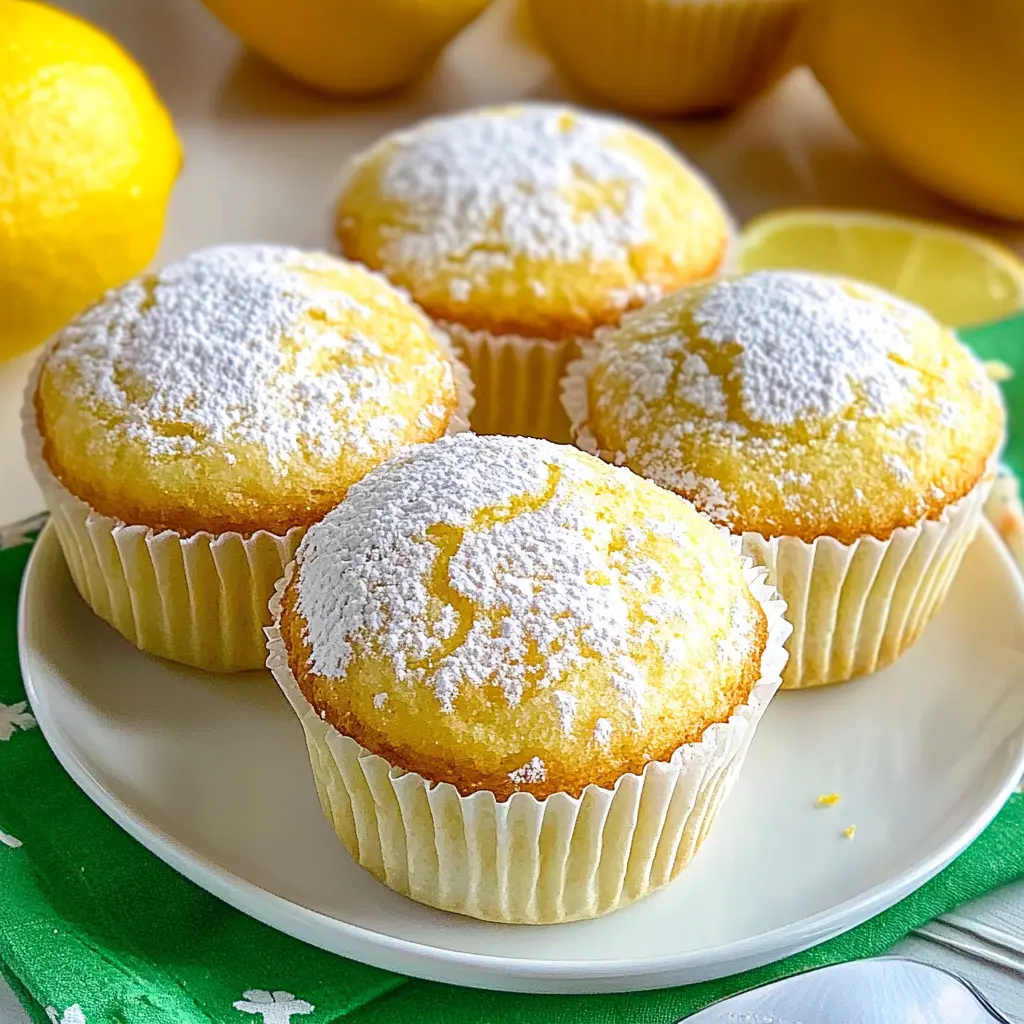 Soft fluffy lemon muffins recipe with one broken open to show tender crumb