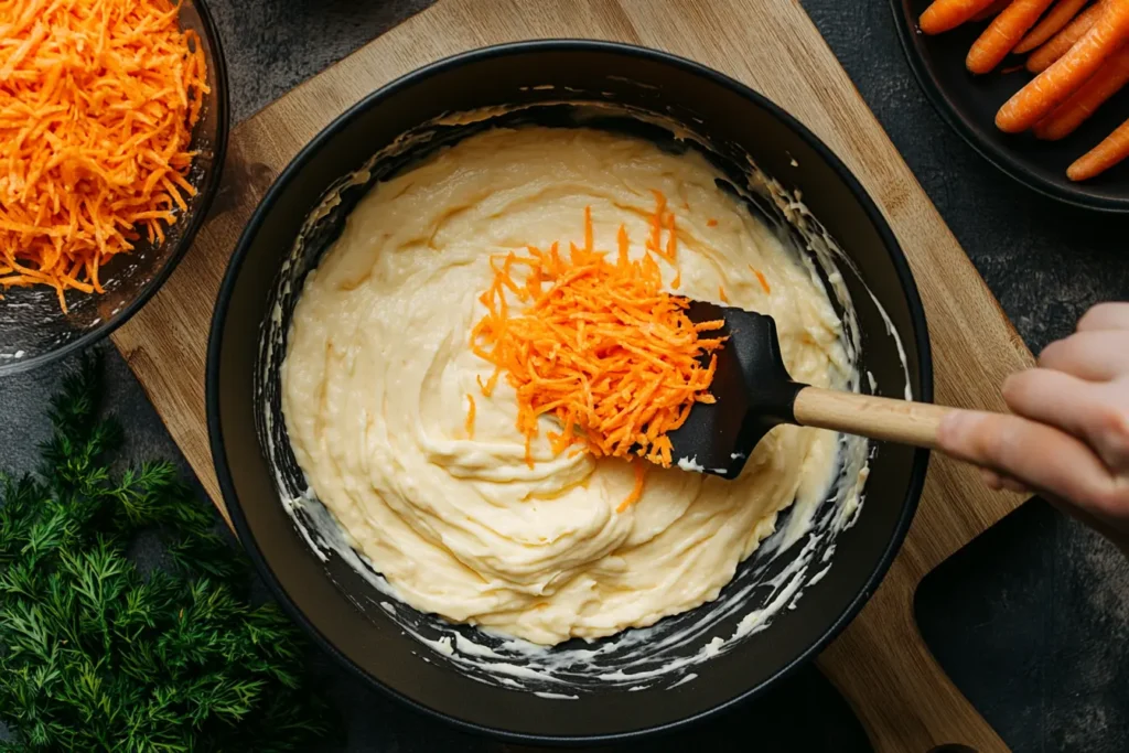 Spreading carrot cake batter evenly in jelly roll pan