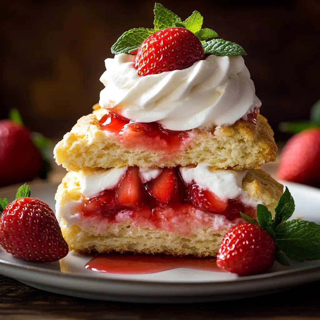 Easy shortcake recipe with strawberries and whipped cream on a white plate