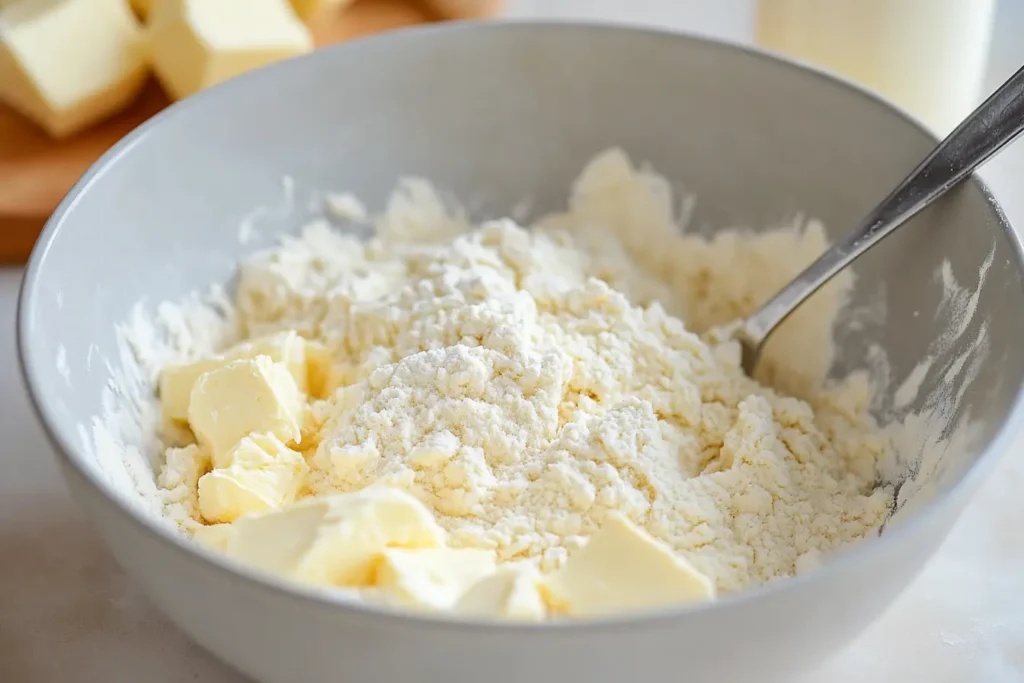 Whisking dry ingredients for easy shortcake recipe in a light blue ceramic bowl on marble countertop, showing flour mixture with whisk