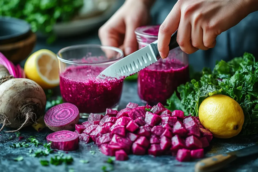 Preparing beetroot and lemon juice with fresh ingredients