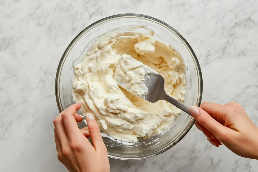 Mixing creamy sauce ingredients for Amish Casserole including soups, sour cream and cottage cheese