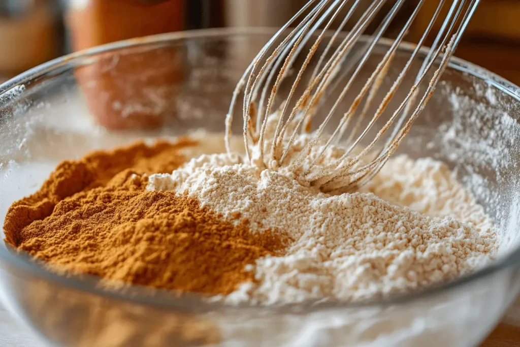 Whisking dry ingredients for carrot cake roll in glass bowl