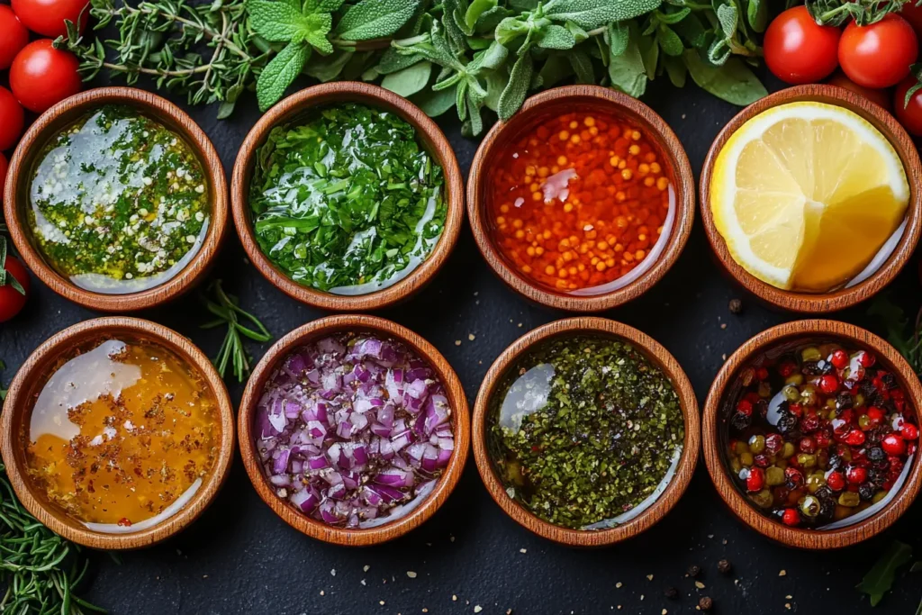 A vibrant assortment of homemade herb-infused sauces, dressings, and marinades in small wooden bowls, surrounded by fresh tomatoes, rosemary, sage, and lemon