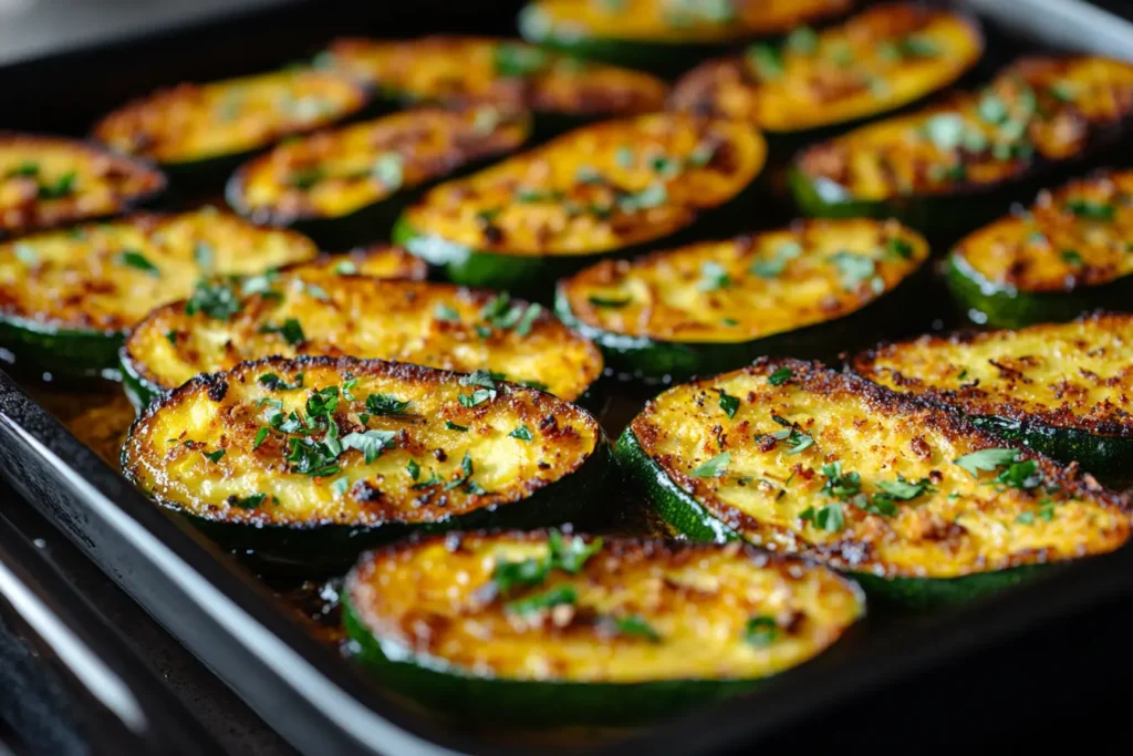 Frying golden zucchini rounds in hot oil with slotted spoon