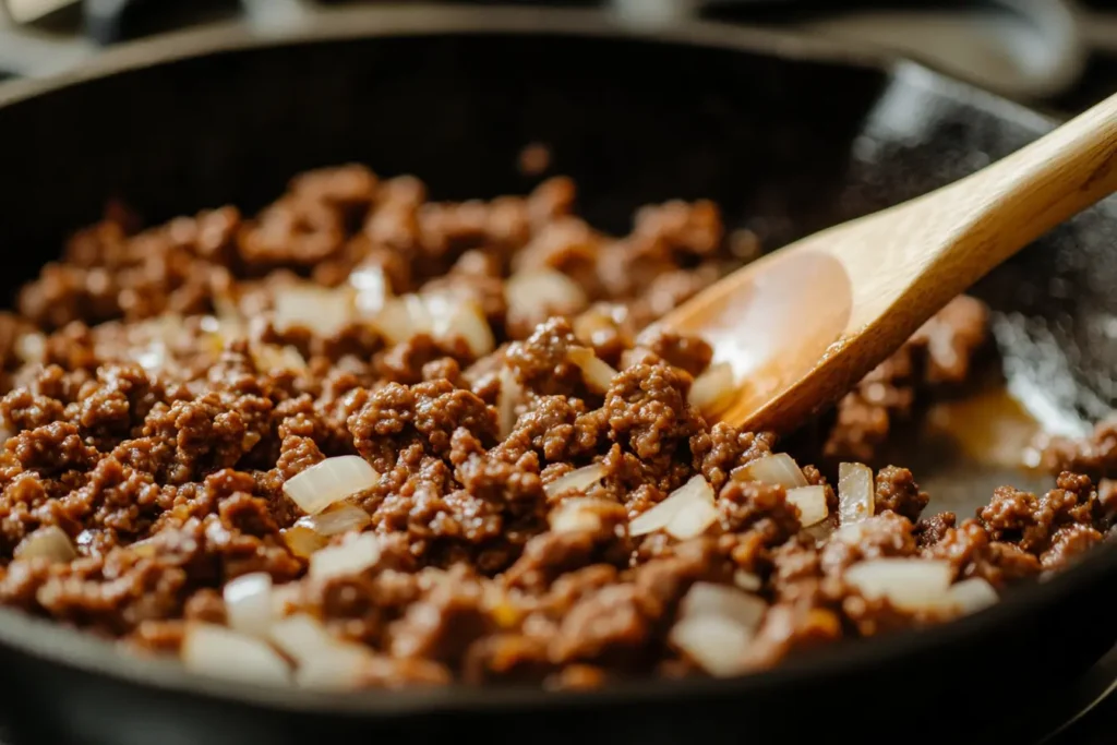 Browning ground beef with onions in skillet for Amish Casserole recipe