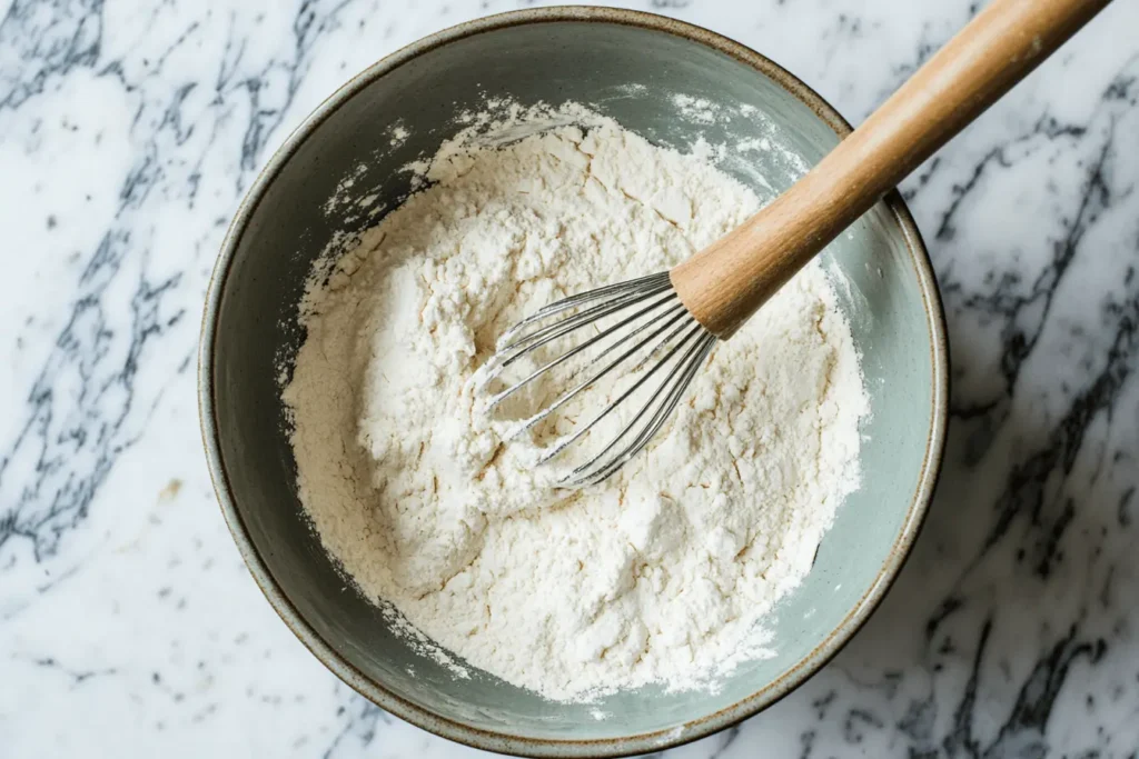 A freshly baked shortcake biscuit split in half and filled with macerated strawberries and homemade whipped cream. The golden-brown shortcake has a tender crumb that's soaking up the sweet strawberry juices.