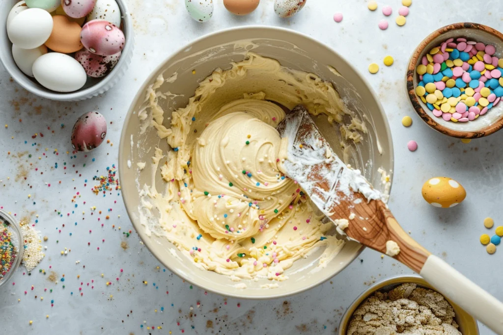 The preparation process for Easter chocolate chip cookies showing colorful candy-coated chocolates and sprinkles being folded into soft cookie dough, creating a festive spring-themed mixture ready for baking.