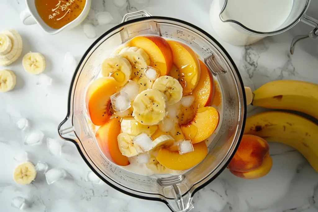 ingredients into your blender. This includes the fruit, yogurt, milk, and a drizzle of honey if using