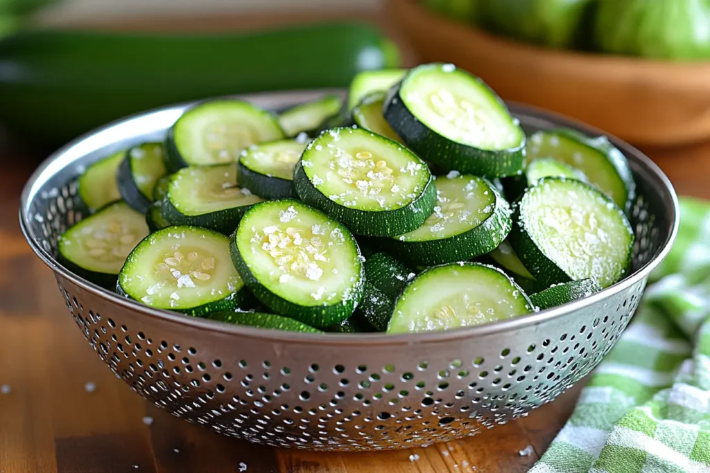 Freshly sliced zucchini rounds sprinkled with coarse salt in a metal colander.