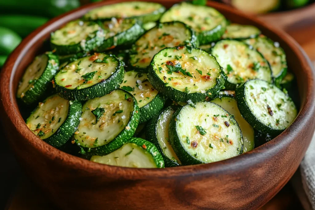 Grilled zucchini slices seasoned with herbs and spices in a wooden bowl.