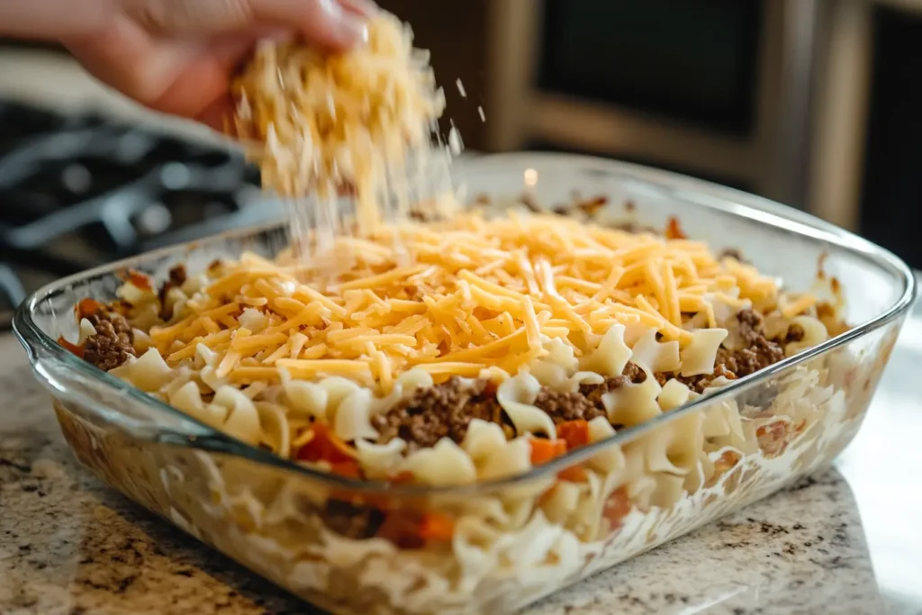 Transferring Amish Casserole mixture to baking dish and topping with shredded cheese
