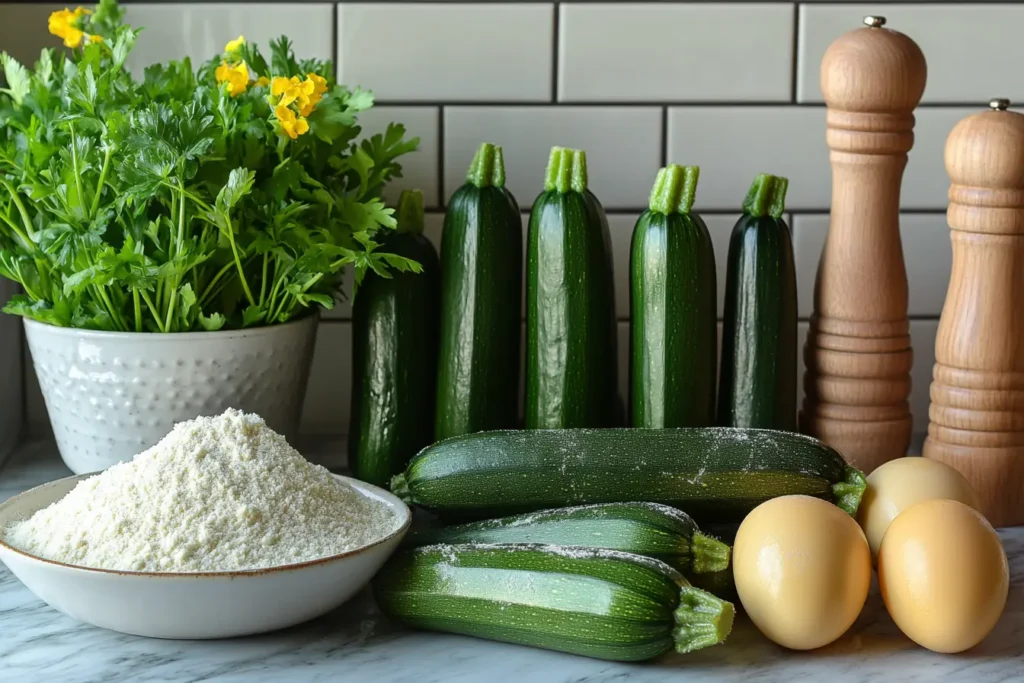 Fresh ingredients for crispy fried zucchini recipe arranged on wooden surface
