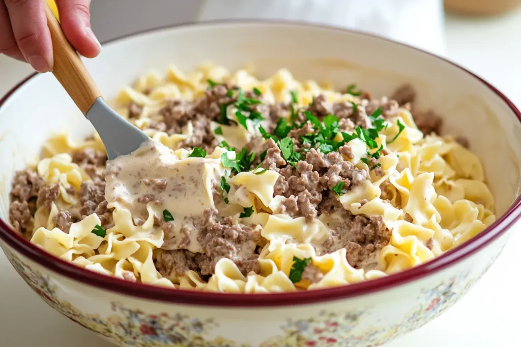 Combining cooked noodles, browned beef and creamy sauce for Amish Casserole recipe