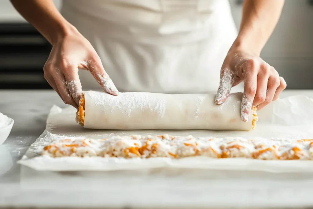 Rolling freshly baked carrot cake in powdered sugar towel