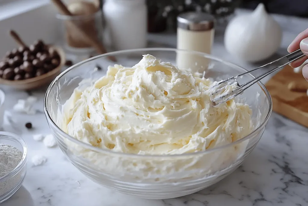 Creamy butter and cream cheese mixture being beaten with hand mixer for Andes Mint Chocolate Dip Recipe preparation