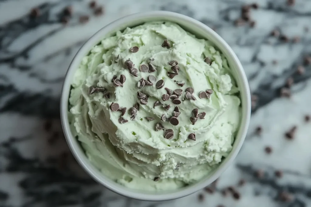 Andes Mint Chocolate Dip Recipe in a white bowl with light green color and chocolate chips on top, served on marble surface