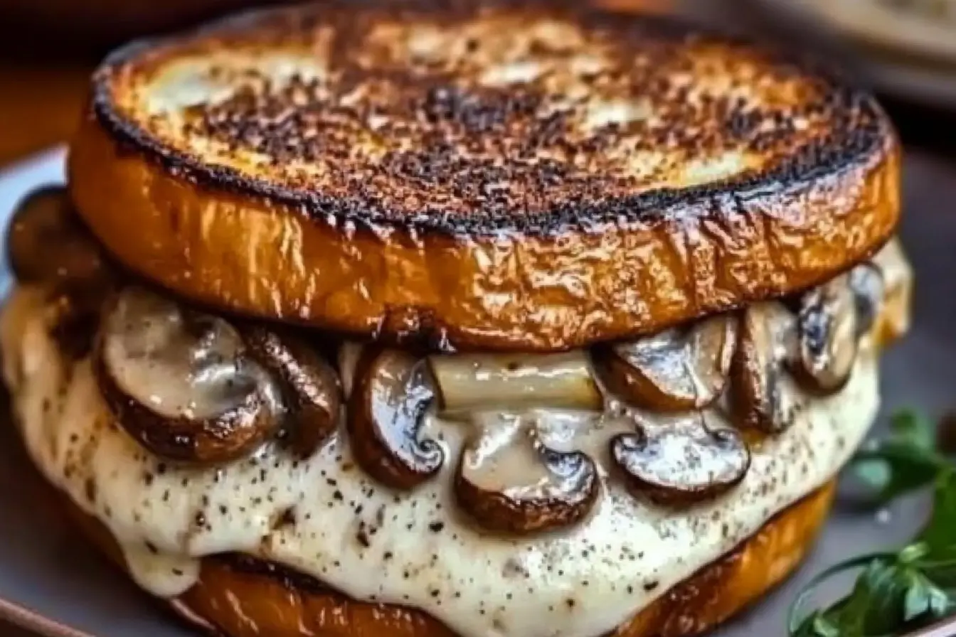 Swiss mushroom melt sandwich with melty cheese and caramelized mushrooms