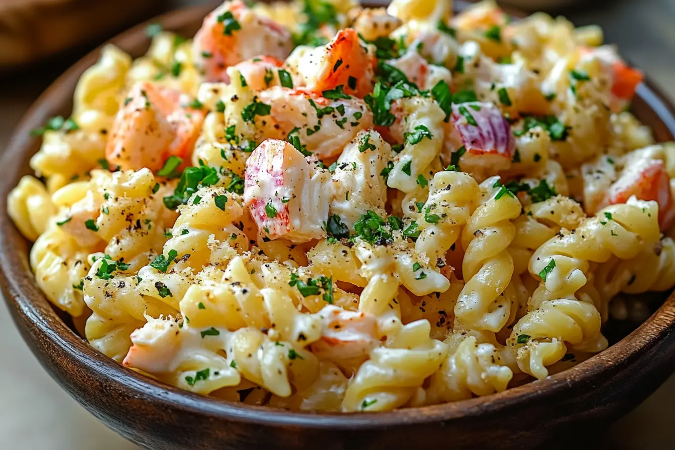Creamy crab pasta salad in a bowl with fresh ingredients.