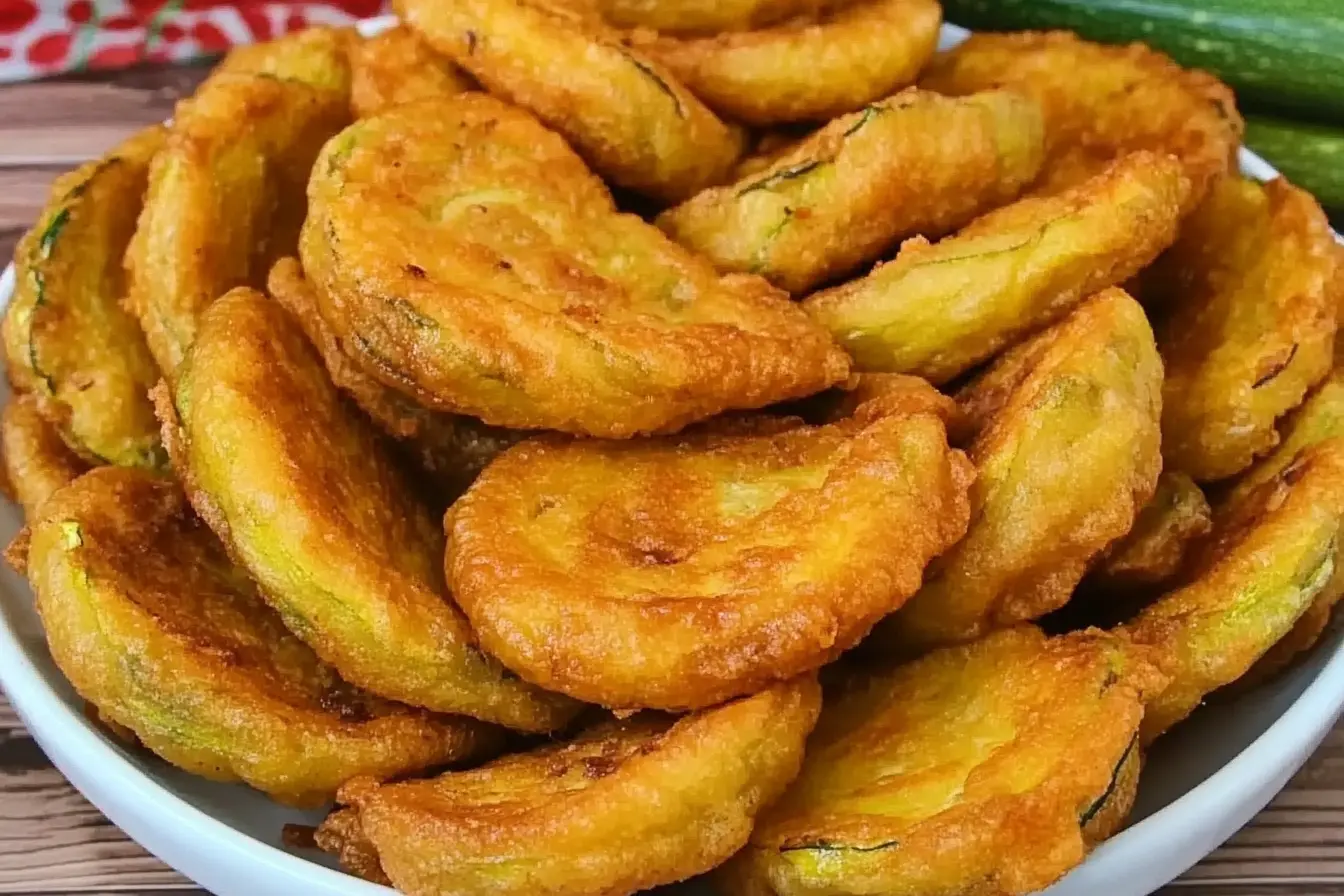 Crispy fried zucchini rounds with golden-brown crunchy coating