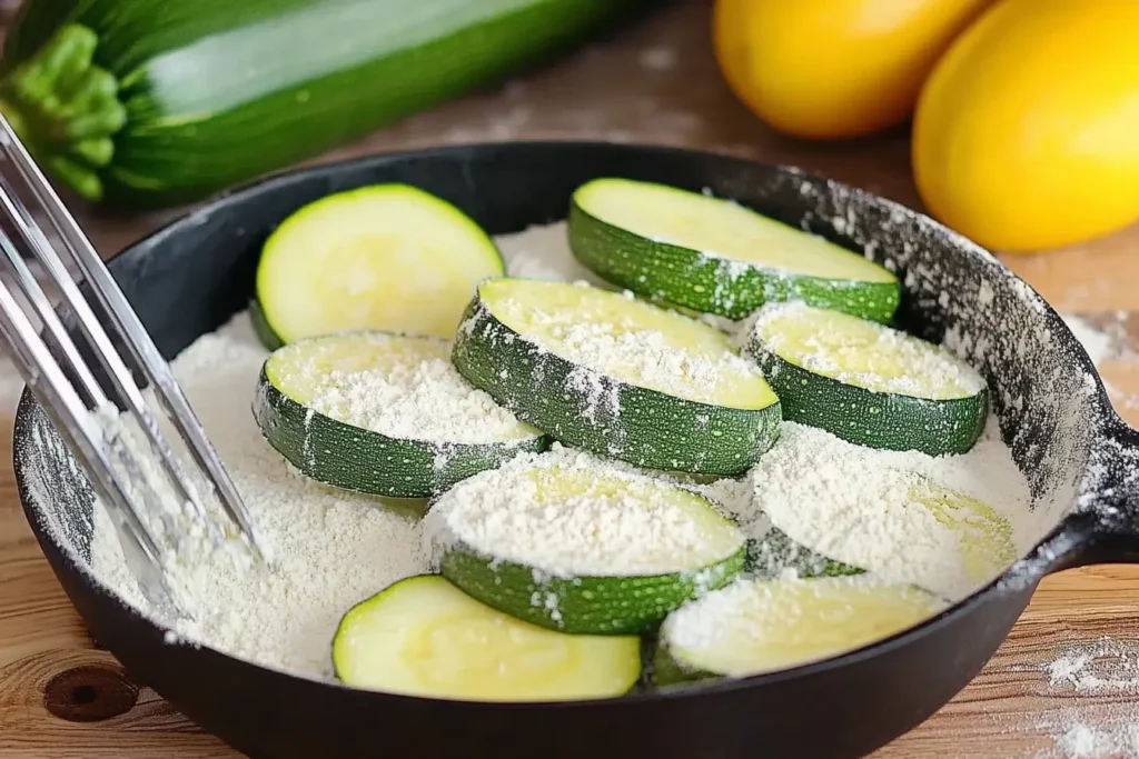 Cover the zucchini with the flour and then dip it into the egg mixture.