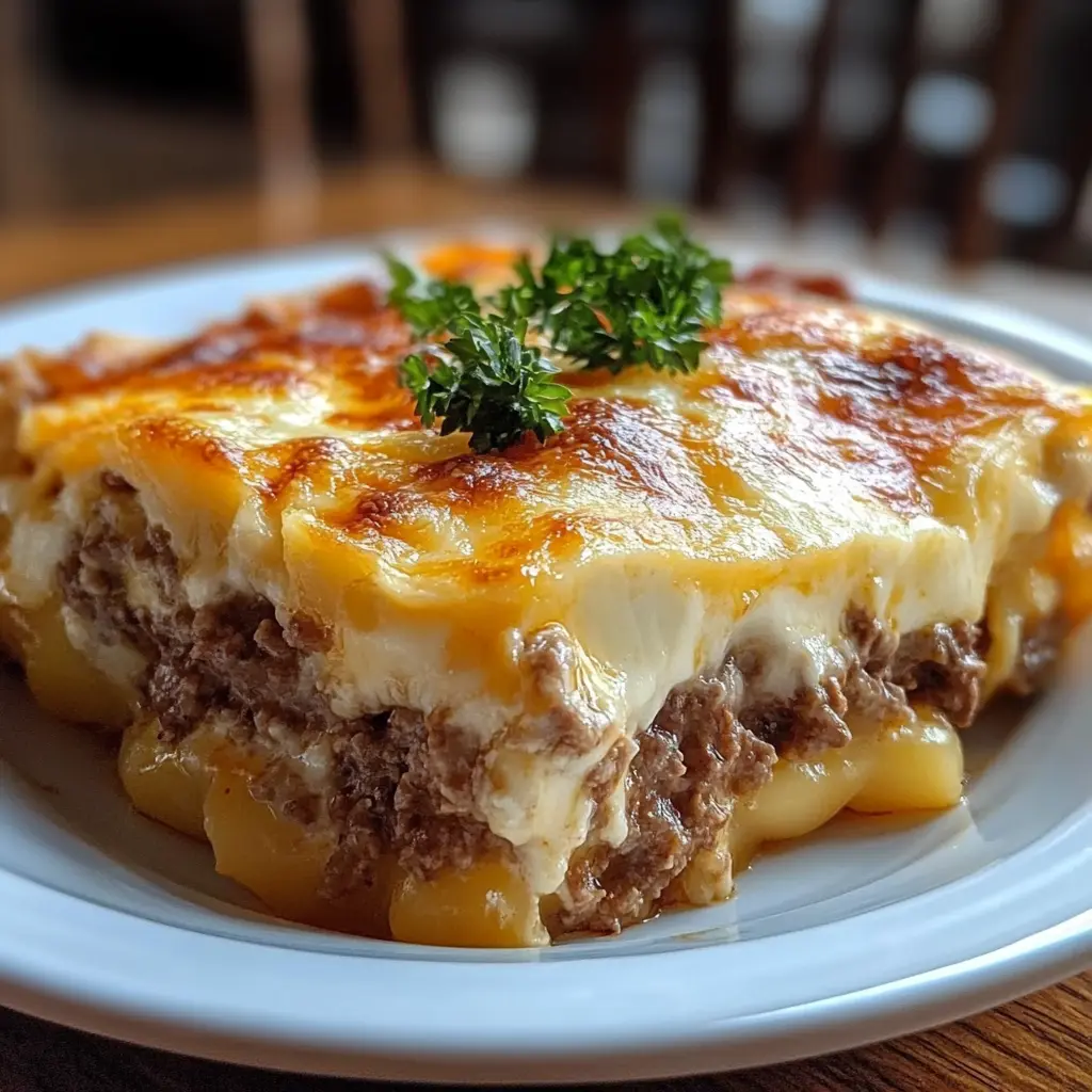 Homemade Amish Casserole Recipe with ground beef, egg noodles and melted cheese