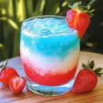 Layered Patron Strawberry Blue Hawaiian Cocktail Recipe with red, white, and blue layers